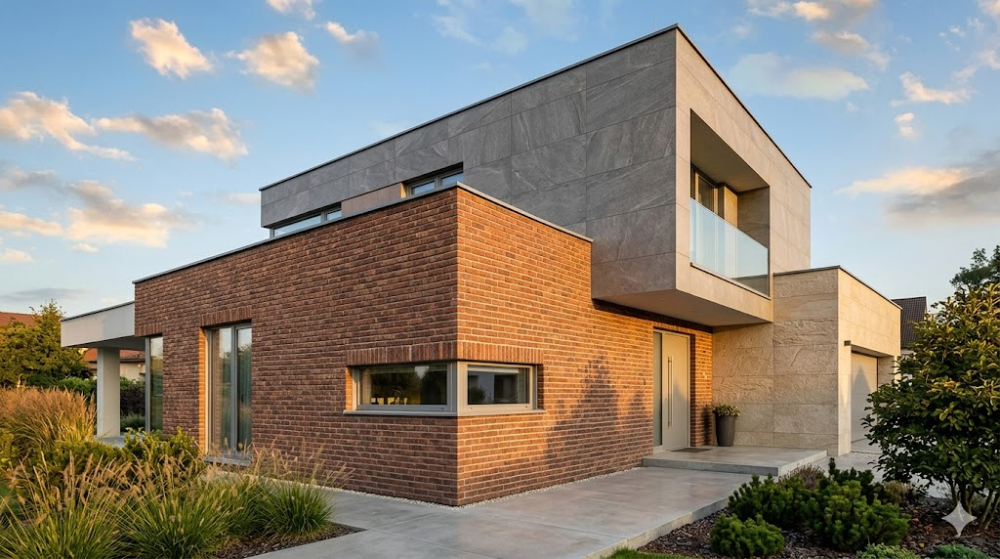 Сучасне облицювання будинку фасадною плиткою під цеглу та камінь