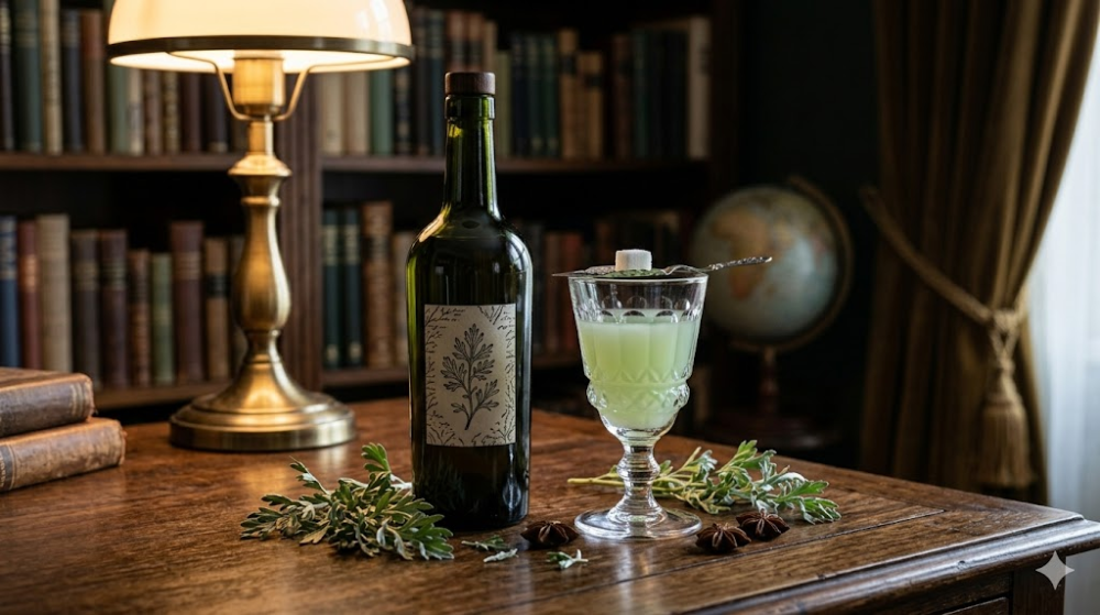 Класична подача абсенту з полином та анісом у кабінеті