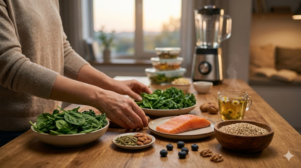 Здорове харчування: лосось, шпинат, горіхи та суперфуди на столі