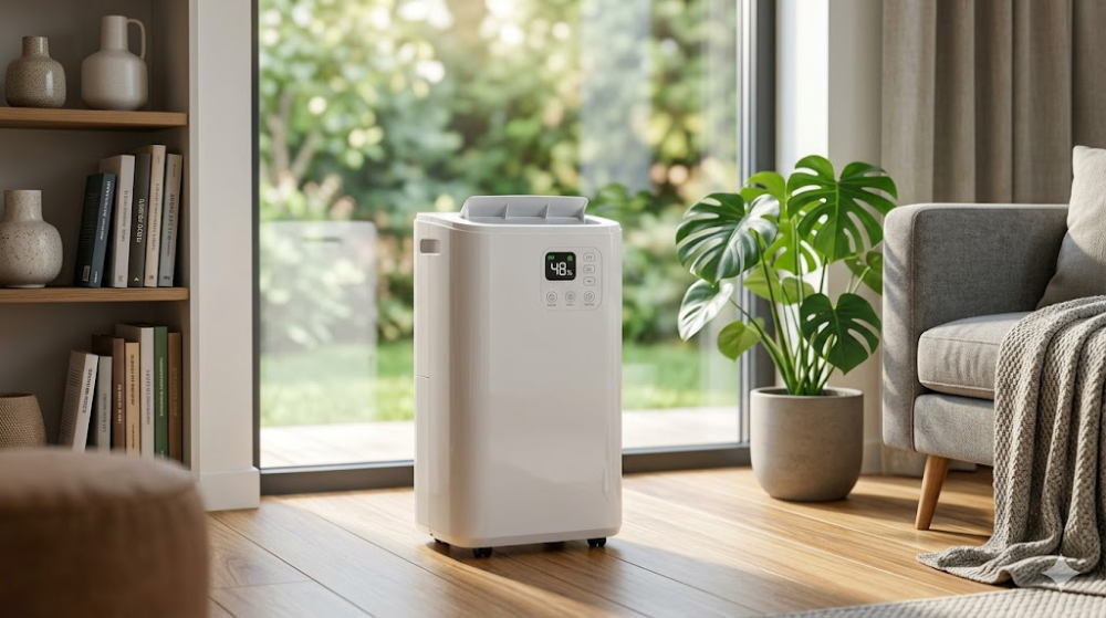 Осушувач повітря у світлій вітальні біля вікна