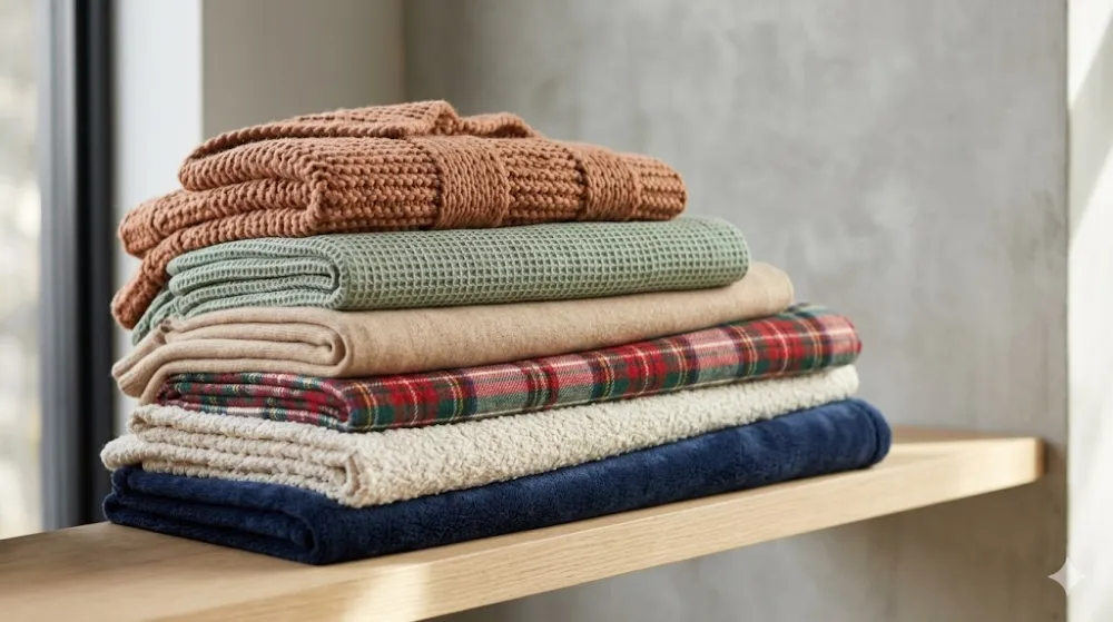 Стопка затишних різнокольорових пледів з різними текстурами