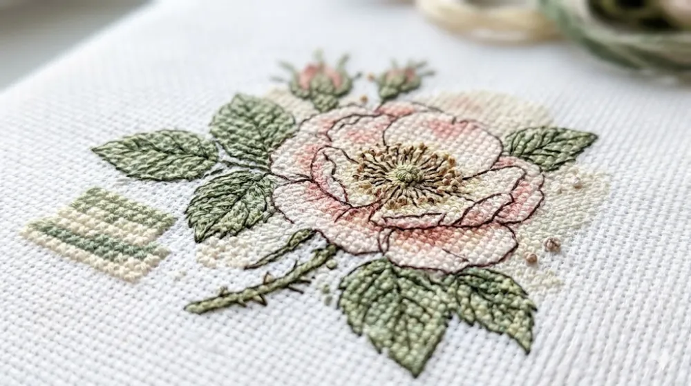 Вишита хрестиком рожева троянда на білій канві