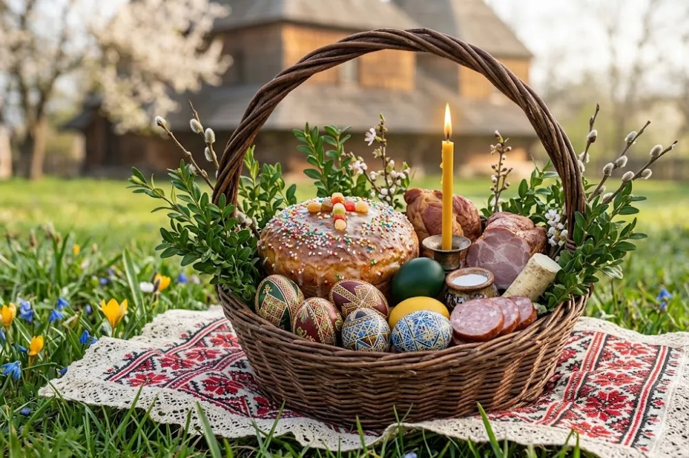 Великодній кошик із паскою та писанками на весняній галявині