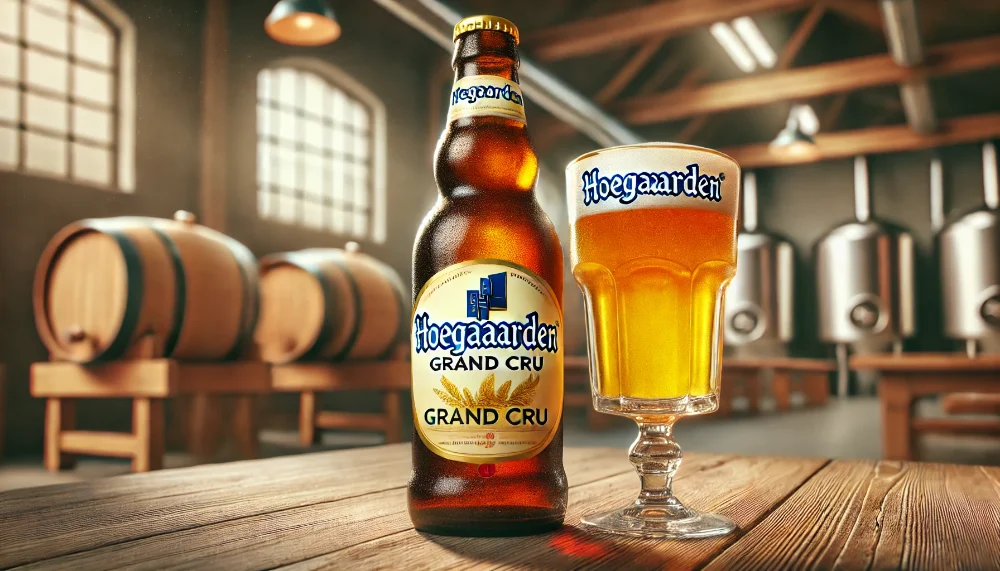 Пляшка пива Hoegaarden Grand Cru на столі в бельгійській пивоварні Пляшка Hoegaarden Grand Cru та келих із пивом на дерев'яному столі з фоном бельгійської пивоварні