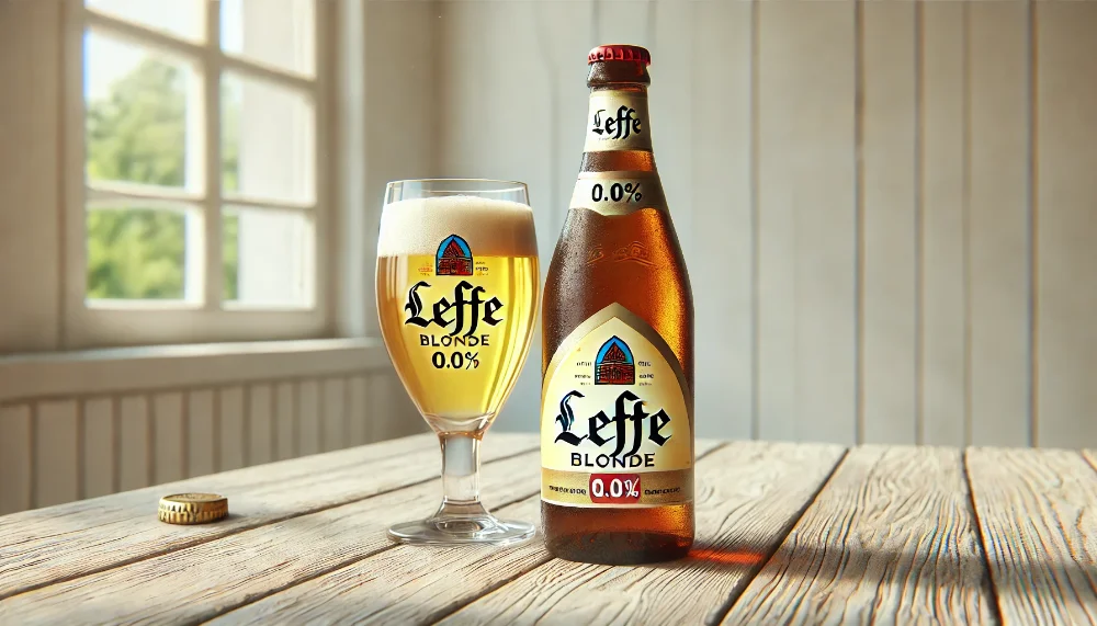 Пляшка безалкогольного пива Leffe Blonde 0.0% на світлому дерев'яному столі поруч із келихом у бельгійському стилі.