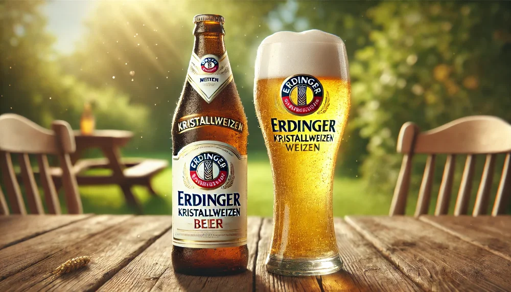 Пляшка та келих пива Erdinger Kristallweizen на столі на природі Пляшка Erdinger Kristallweizen та келих пива з густою піною на дерев'яному столі на фоні зеленої природи.