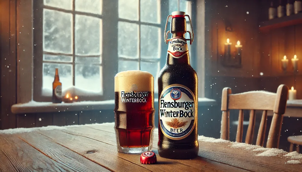 Пляшка та бокал пива Flensburger Winterbock у зимовому інтер'єрі. Пляшка пива Flensburger Winterbock з бокалом темного пива на дерев’яному столі в затишній зимовій атмосфері.