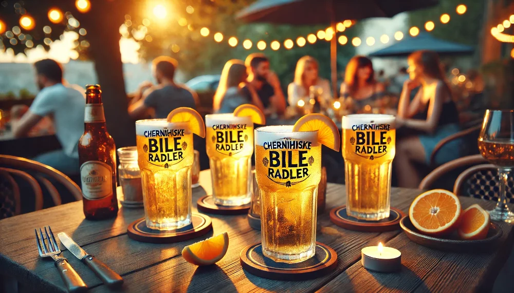Radler для літнього відпочинку з друзями Кілька келихів Чернігівського Radler з цитрусовими на столику під вечірнім освітленням у літньому кафе