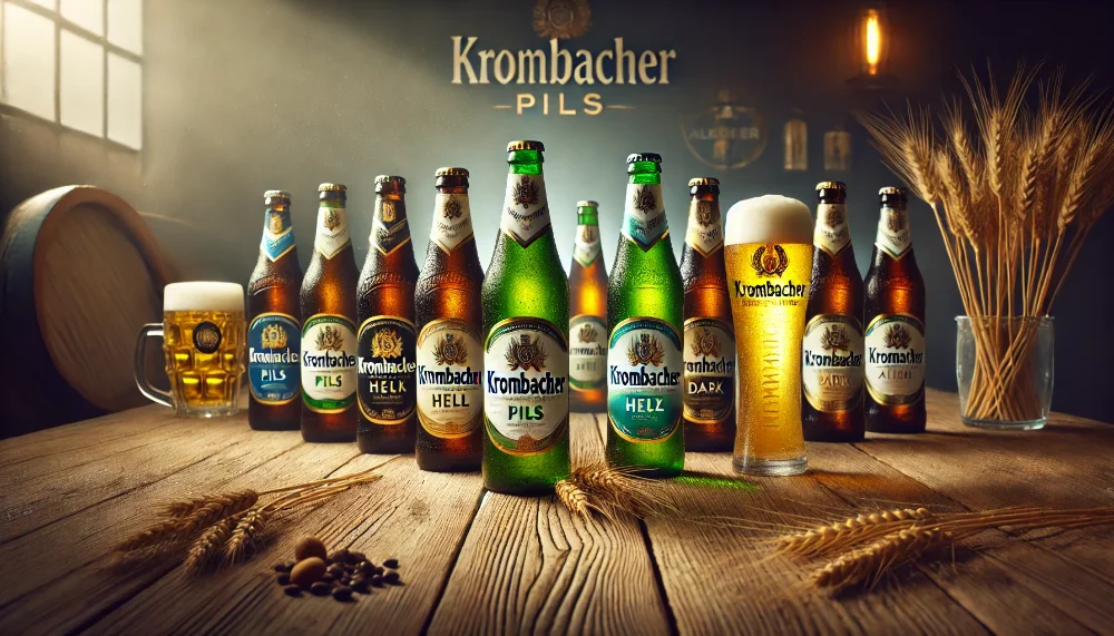 Krombacher - повна лінійка преміального німецького пива Повний асортимент пива Krombacher: шість різних сортів у пляшках з фірмовими келихами на дерев'яному столі