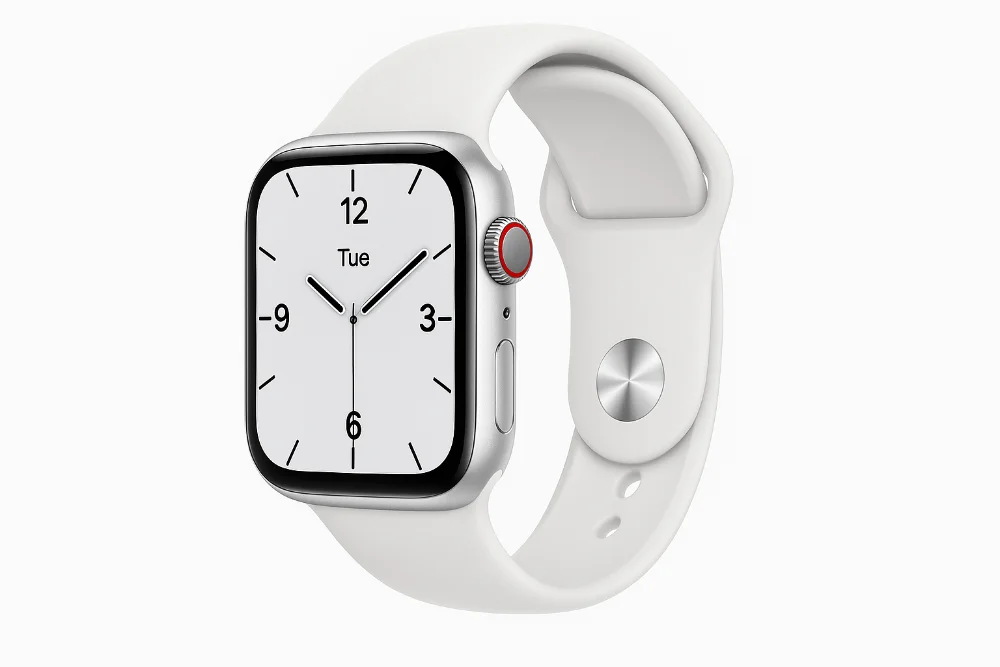 Смарт-часы Apple Watch Series 12 – обновлённый дизайн и минималистичный дисплей Современные умные часы Apple Watch Series 12 с металлическим корпусом и силиконовым ремешком, на светлом фоне