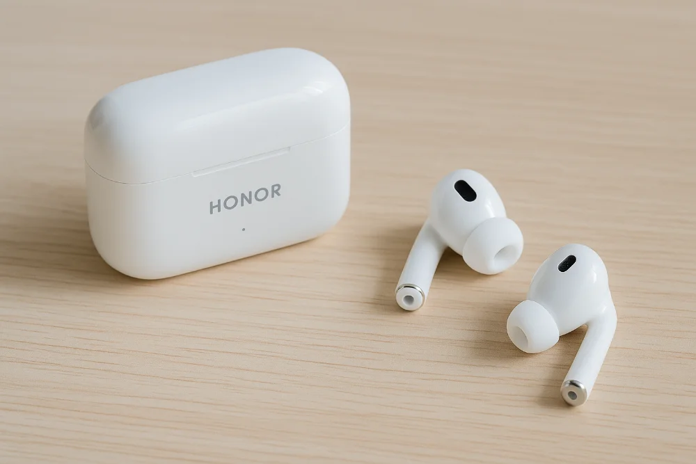 Беспроводные наушники Honor — чистый звук и минималистичный стиль Белые беспроводные наушники Honor с зарядным кейсом на светлом столе, современный дизайн, мягкое дневное освещение