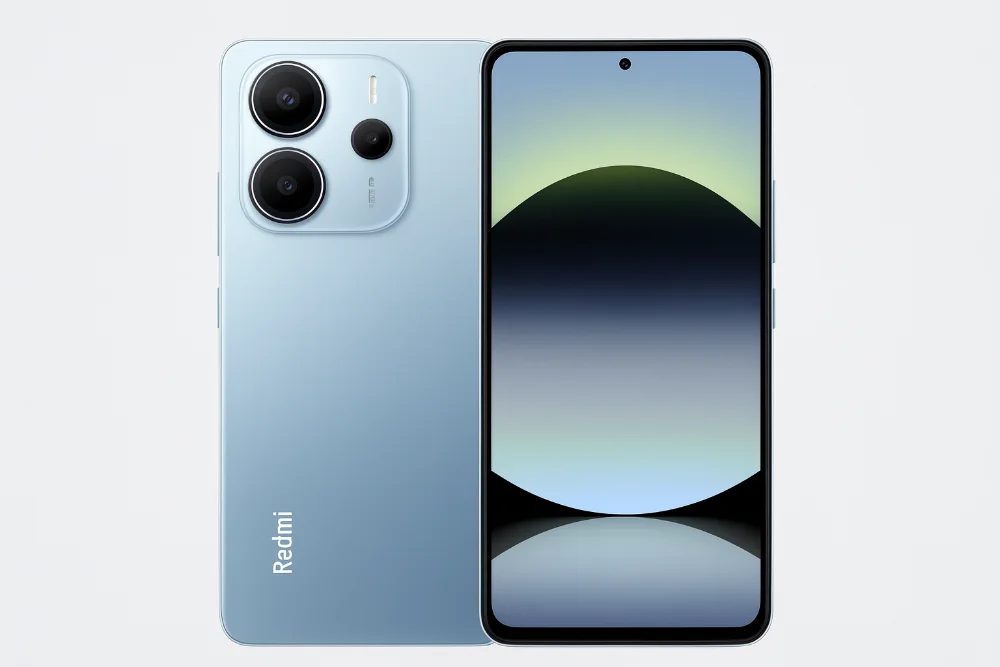 Xiaomi Redmi Note 14 4G — элегантный дизайн и современный экран Смартфон Xiaomi Redmi Note 14 4G в светло-голубом цвете, вид спереди и сзади, с большим AMOLED-дисплеем и тройной камерой