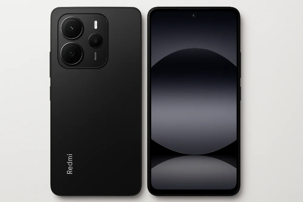 Смартфон Xiaomi Redmi Note 14 5G в черном цвете на светлом фоне, вид спереди и сзади, тройная камера и безрамочный AMOLED-дисплей