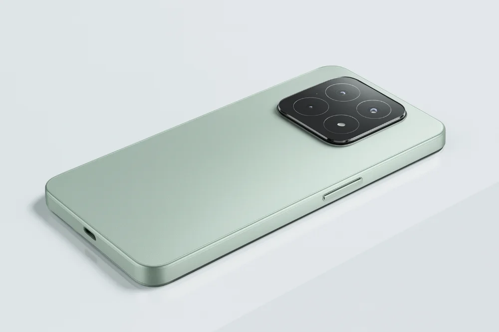 Смартфон Xiaomi 17 Air в светло-зеленом цвете, на светлом фоне, тонкий корпус и блок камер Leica