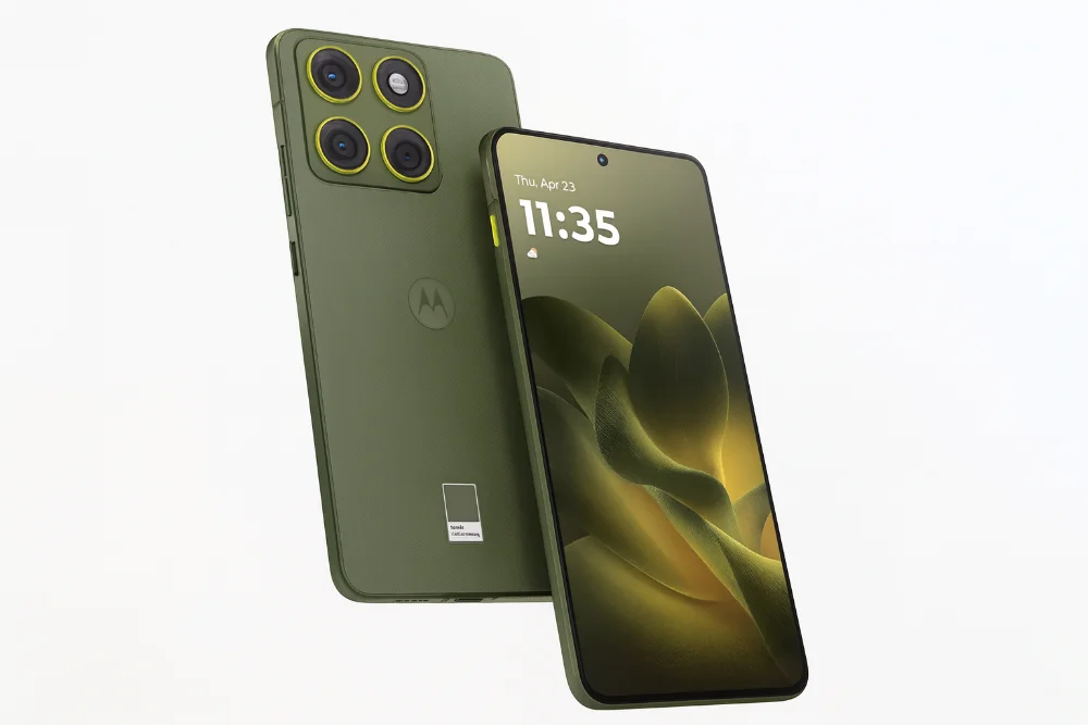 Motorola Moto X70 Air в зеленом цвете — тонкий флагман с OLED-экраном Смартфон Motorola Moto X70 Air в зеленом корпусе с экраном и блоком камер, вид спереди и сзади
