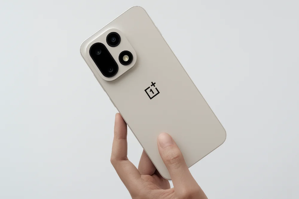 Смартфон OnePlus 15 в белом корпусе с блоком камер и логотипом бренда