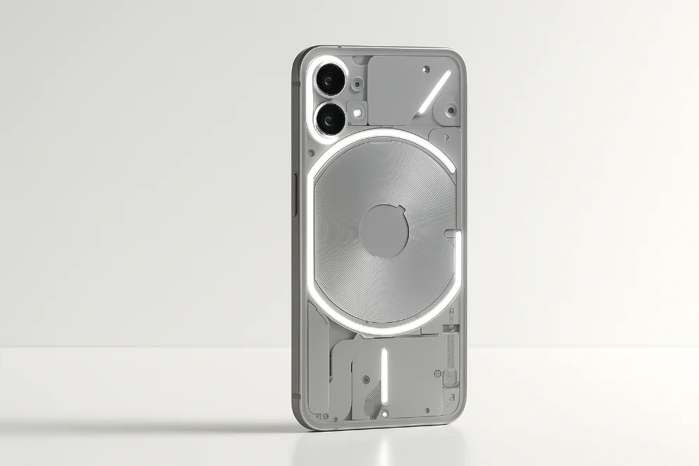 Nothing Phone (3a) Pro — прозрачный корпус и подсветка Glyph в современном дизайне Смартфон Nothing Phone (3a) Pro с прозрачной задней панелью и фирменной подсветкой Glyph Interface, минималистичный светлый фон