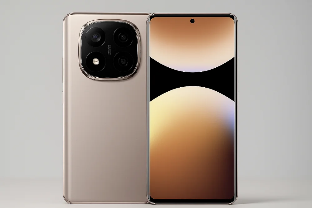 Xiaomi Redmi Note 14 Pro+ 5G — дизайн и камера смартфона в светлом стиле Смартфон Xiaomi Redmi Note 14 Pro+ 5G крупным планом на светлом фоне, вид спереди и сзади, акцент на экране и блоке камер