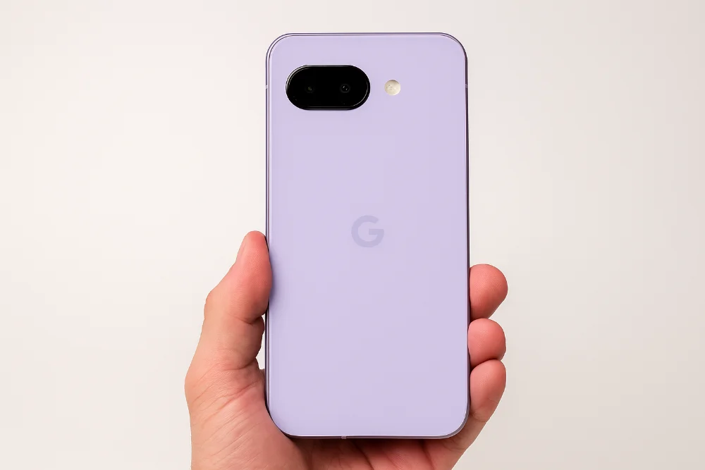 Google Pixel 10a в руке — дизайн и камера нового смартфона 2026 года Смартфон Google Pixel 10a в руке на светлом фоне, крупный план задней панели и камеры, современный минималистичный дизайн