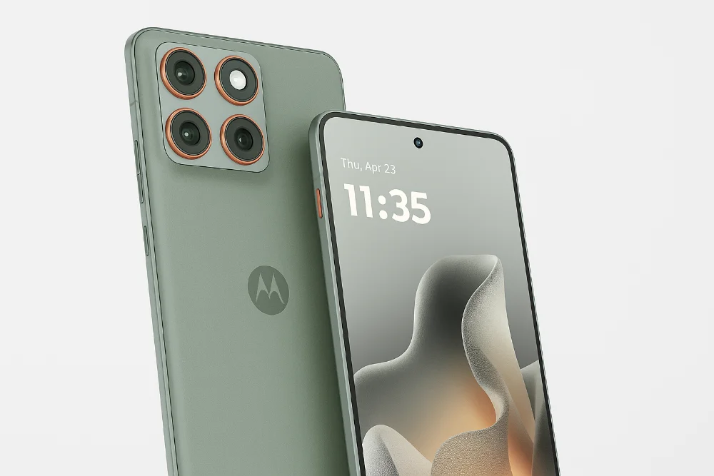 Motorola Edge 70 — современный дизайн и экран нового смартфона 2025 года Смартфон Motorola Edge 70 крупным планом на светлом фоне, вид спереди и сзади, акцент на дисплее и блоке камер, стильный современный дизайн