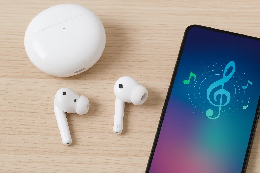 Беспроводные наушники OPPO рядом со смартфоном Беспроводные наушники OPPO и смартфон на фоне с мягким освещением, современный минималистичный дизайн