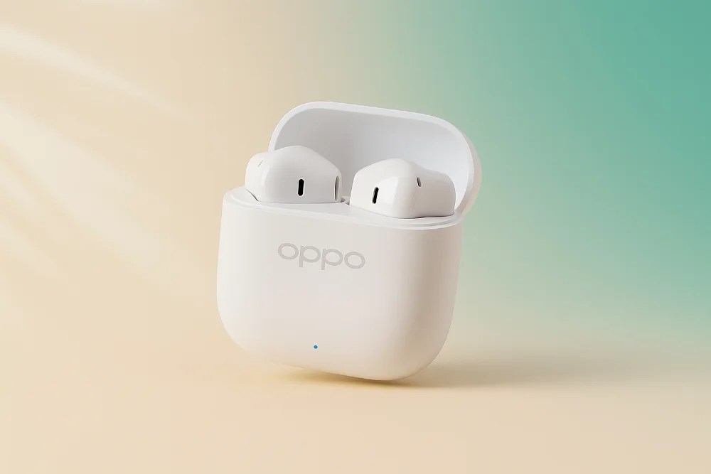 OPPO Enco Buds3 в белом зарядном кейсе на светлом фоне, современные беспроводные наушники с минималистичным дизайном и чистыми линиями