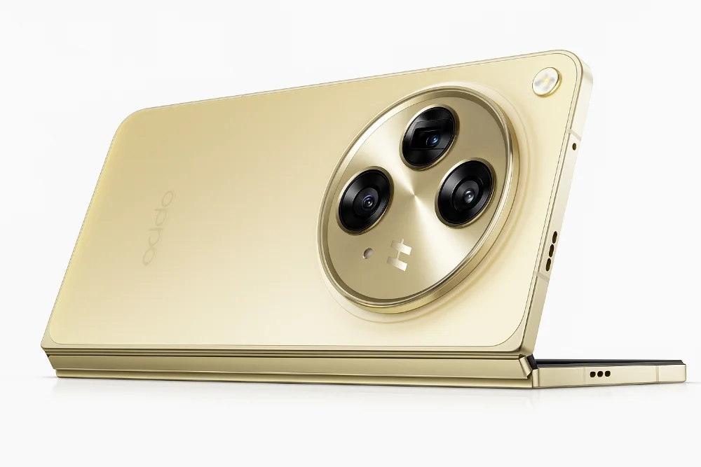Oppo Find N6 2026 — складной золотой смартфон с премиальным дизайном Складной смартфон Oppo Find N6 2026 в золотом цвете с большим модулем камеры