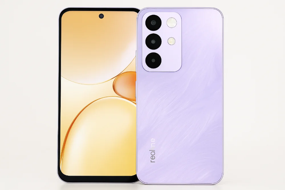 Realme C85 5G 2026 — элегантный смартфон с большим дисплеем Смартфон Realme C85 5G 2026 в фиолетовом цвете, показанный спереди и сзади, с большим экраном и тройной камерой