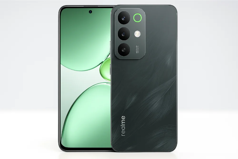 Realme C85 Pro — дизайн нового смартфона 2025 года Смартфон Realme C85 Pro с зелёным дисплеем и тройной камерой 108 Мп на светлом фоне, вид спереди и сзади