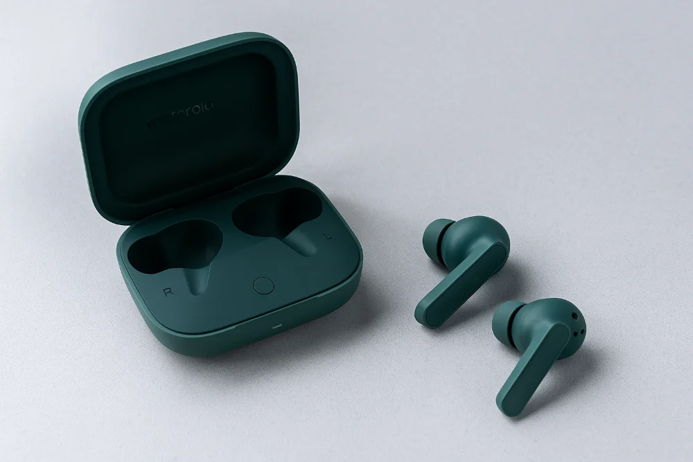 Motorola Moto Buds Bass — стильные беспроводные наушники в разных цветах Беспроводные наушники Motorola Moto Buds Bass в зеленом цвете на светлом фоне