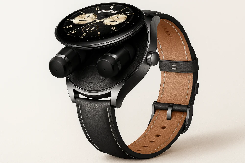 Huawei Watch Buds 2 черного цвета с открытым циферблатом и наушниками внутри — фото флагманских гибридных смарт-часов Huawei