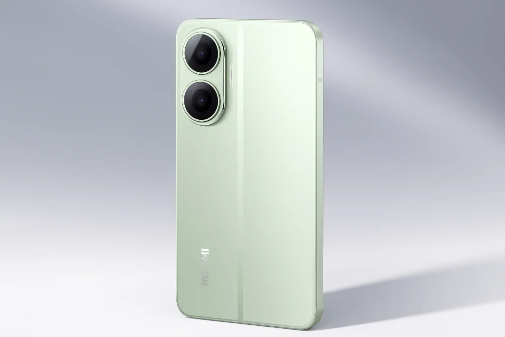 Стильный смартфон Xiaomi Redmi Turbo 5 Pro в светлом дизайне Xiaomi Redmi Turbo 5 Pro на светлом фоне, современный смартфон с двойной камерой и металлическим корпусом
