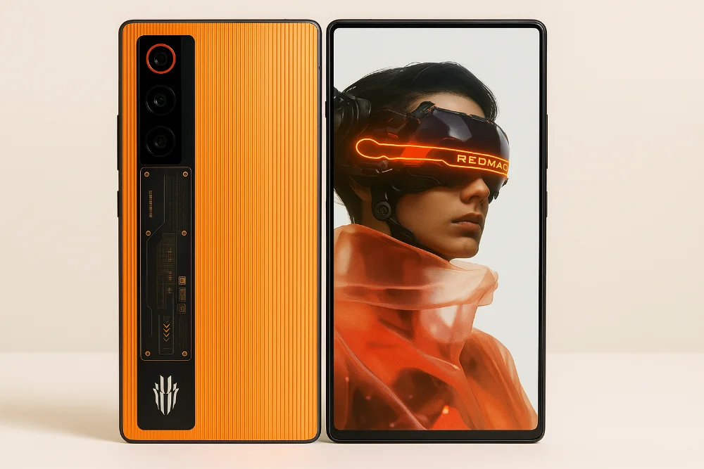 Смартфон Nubia RedMagic 10 Air с оранжевой задней панелью и безрамочным экраном, крупный вид спереди и сзади