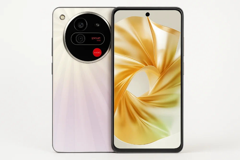 Смартфон Nubia Focus 2 в светлом дизайне на фоне минималистичного интерьера Смартфон Nubia Focus 2 крупным планом, светлый корпус и безрамочный экран