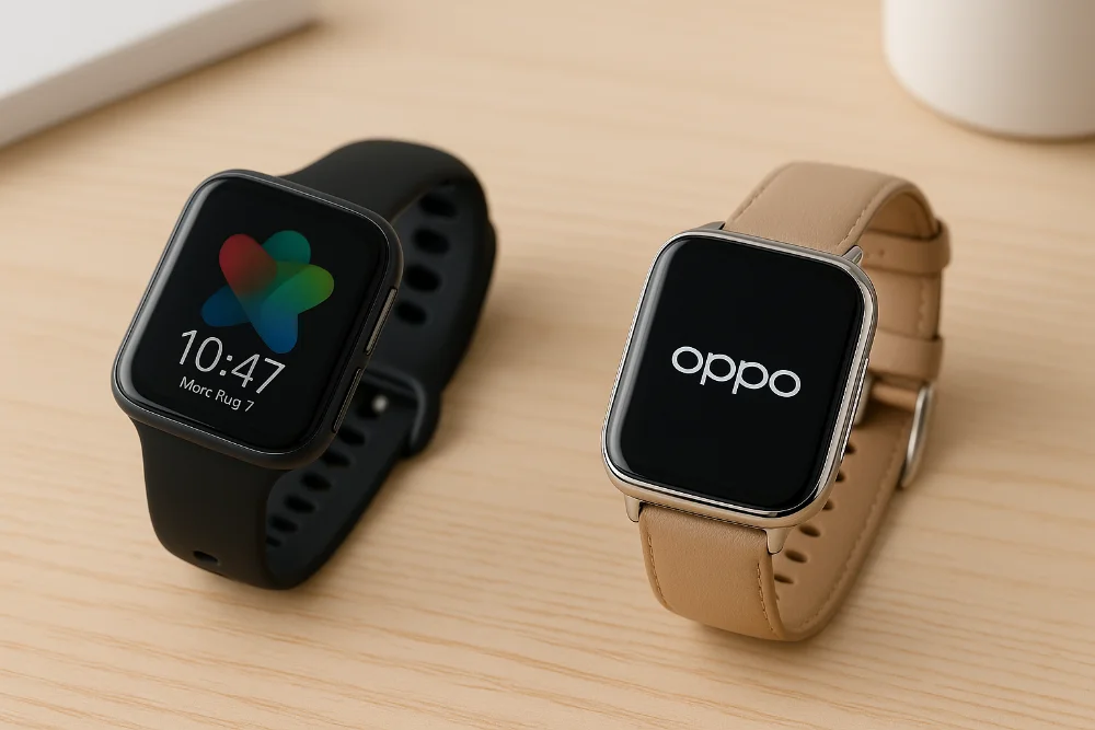 Смарт-часы OPPO – стильный дизайн и современные технологии Смарт-часы OPPO на светлой поверхности с мягким освещением, демонстрирующие элегантный дизайн, изогнутый AMOLED-дисплей и ремешки из металла и силикона
