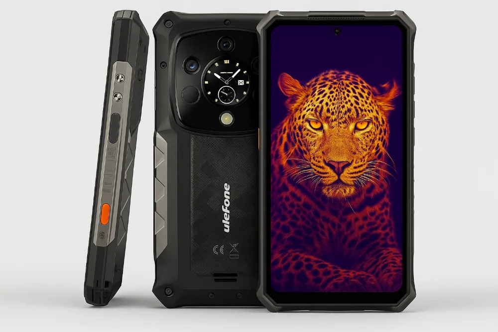 Защищённый смартфон Ulefone Armor 28 Pro со стильной заставкой на экране Надёжный защищённый смартфон Ulefone Armor 28 Pro, вид сбоку, спереди и сзади