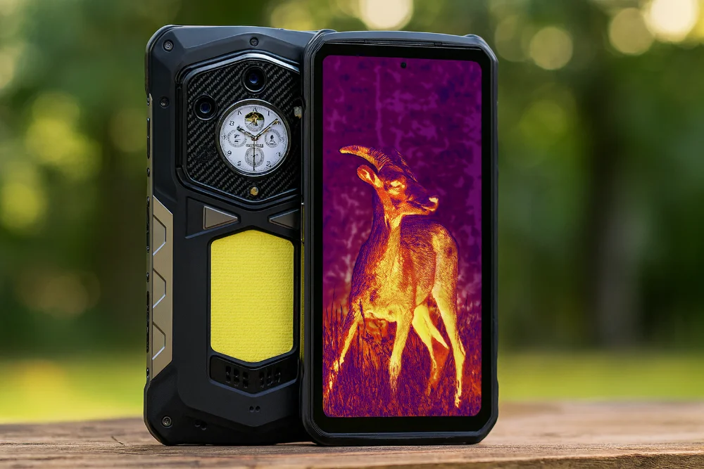 Ulefone Armor 29 Pro с тепловизионной камерой в природных условиях Ulefone Armor 29 Pro на деревянной поверхности с включенным тепловизором и усиленным защищенным корпусом