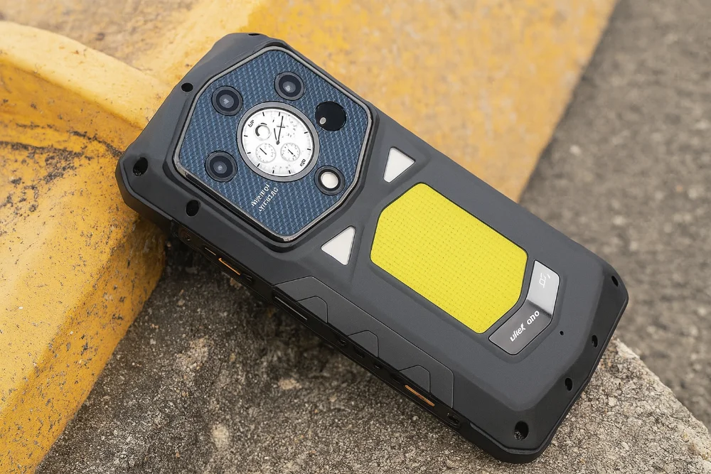 Ulefone Armor 29 Ultra на бетонной поверхности в защищенном корпусе Ulefone Armor 29 Ultra в черно-желтом корпусе лежит на бетонном уступе, демонстрируя блок камер и усиленную защиту