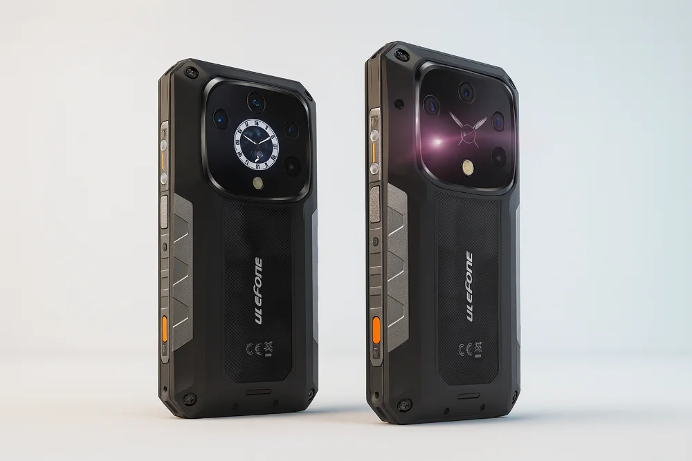 Смартфоны Ulefone Armor 28 Ultra в черном корпусе, стоят вертикально на светлом фоне, демонстрируя блоки камер и прочный дизайн