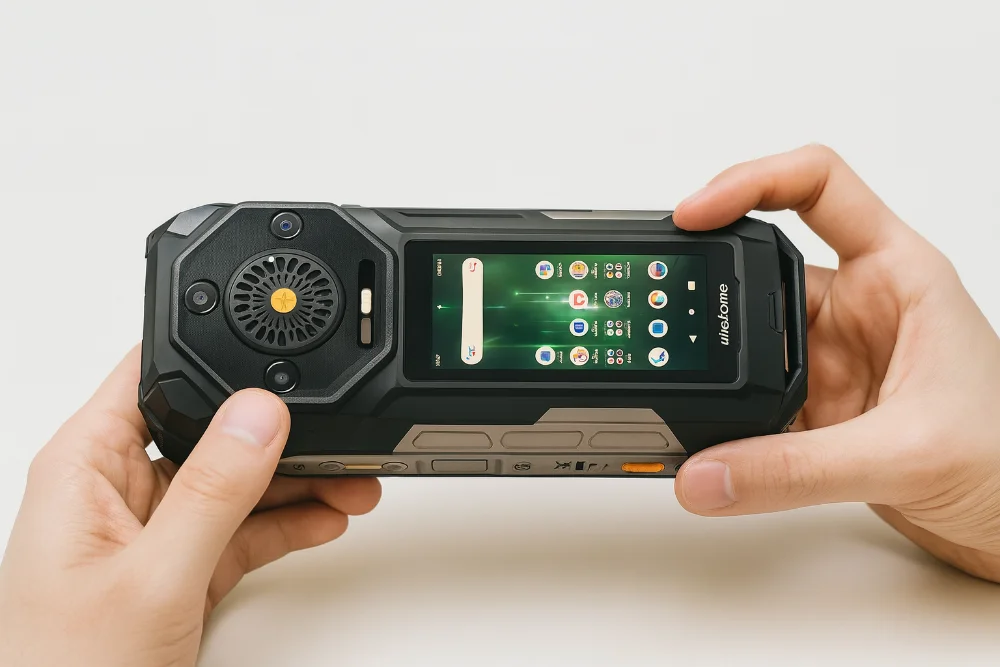 Защищенный смартфон Ulefone Armor 33 крупным планом с массивным корпусом Мощный защищенный смартфон Ulefone Armor 33 в руках, с прочным корпусом и усиленными элементами