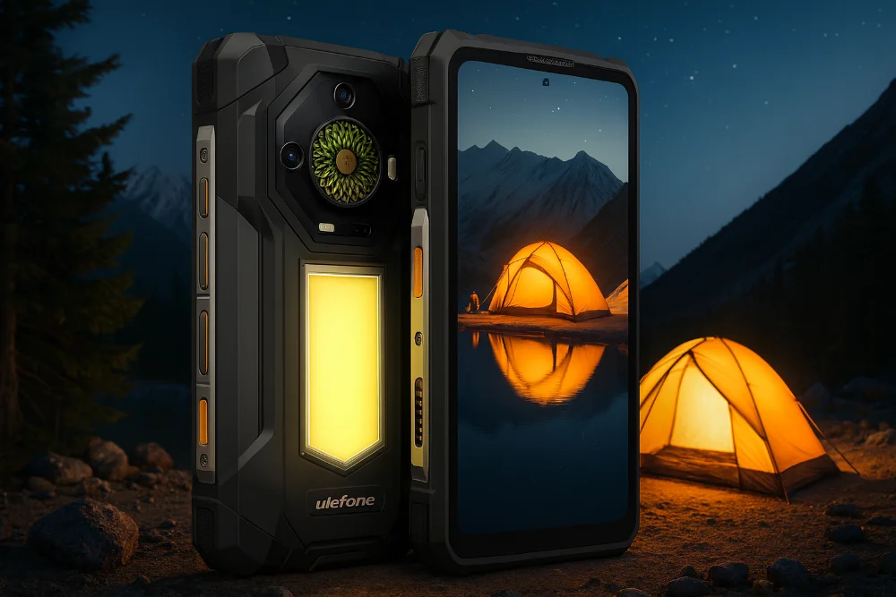 Ulefone Armor 33 Pro на природе – прочный смартфон для экстремальных условий Фото Ulefone Armor 33 Pro на фоне палатки в горах, демонстрация корпуса и экрана защищенного смартфона
