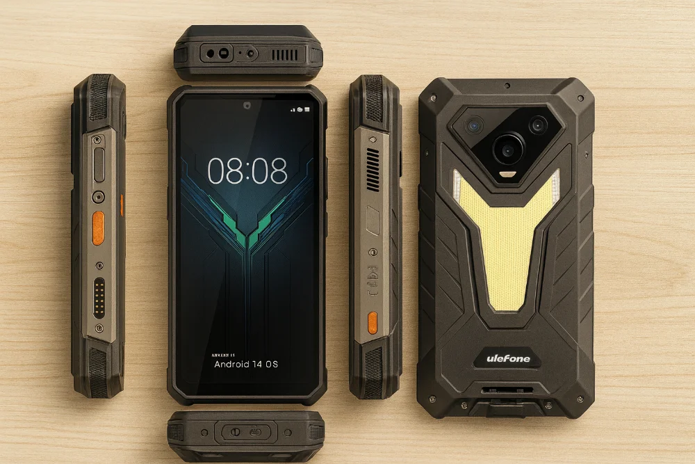 Ulefone Armor 34 Pro спереди и сзади, качественное изображение прочного корпуса и большого дисплея на светлой поверхности