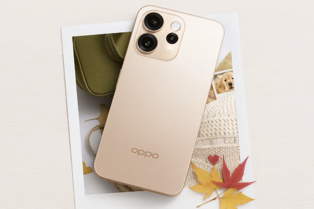 Золотой Oppo Reno 15 на светлом фоне с акцентом на камеру Смартфон Oppo Reno 15 в золотом цвете, вид сзади, качественная демонстрация блока камер и корпуса на светлом фоне