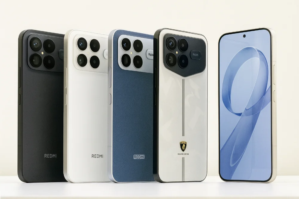 Смартфоны Xiaomi Redmi K90 в разных цветах — их дизайн и особенности Линейка Xiaomi Redmi K90 в нескольких цветах с акцентом на камеры и переднюю панель