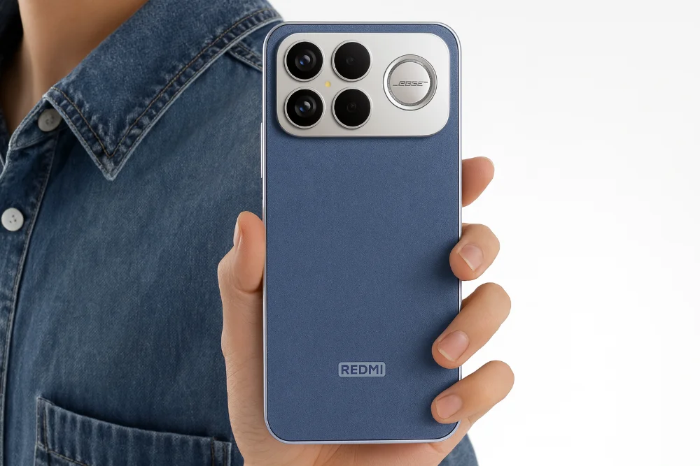 Синий Xiaomi Redmi K90 Ultra в руке — стильный дизайн и современные камеры Смартфон Xiaomi Redmi K90 Ultra в синем цвете в руке, вид на блок камер