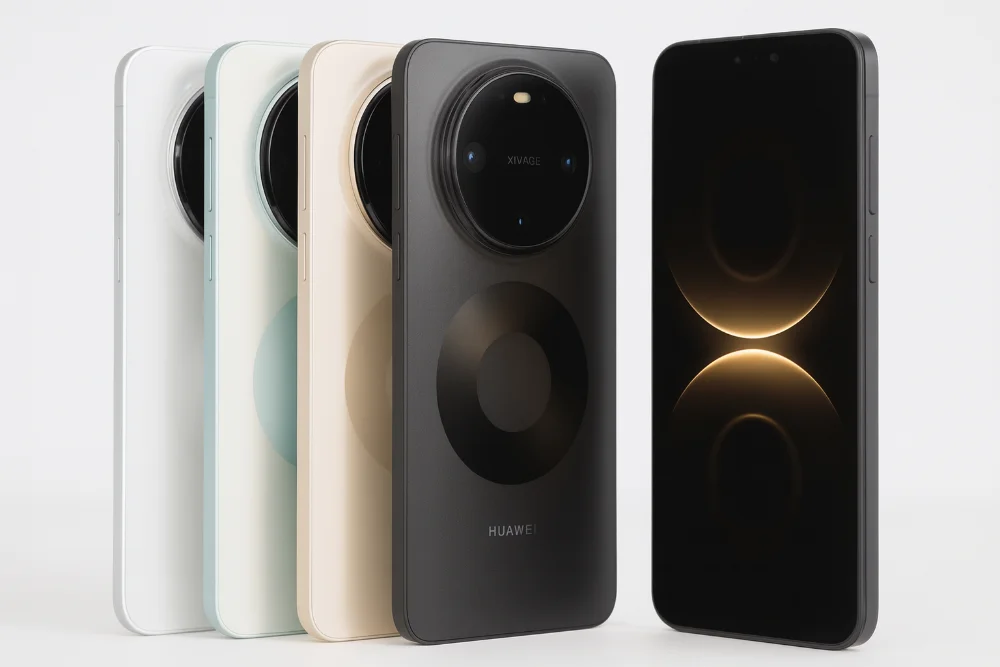Смартфоны Huawei Mate 80 Pro в четырех цветах с крупным круглым модулем камеры и светлым фронтальным экраном, горизонтальная студийная фотография высокого качества