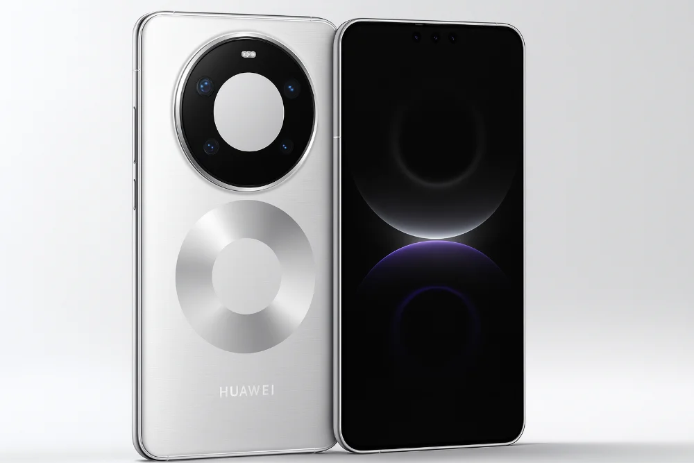 Смартфон Huawei Mate 80 Pro Max в серебристом исполнении, крупный круглый модуль камеры на задней панели и яркий фронтальный дисплей