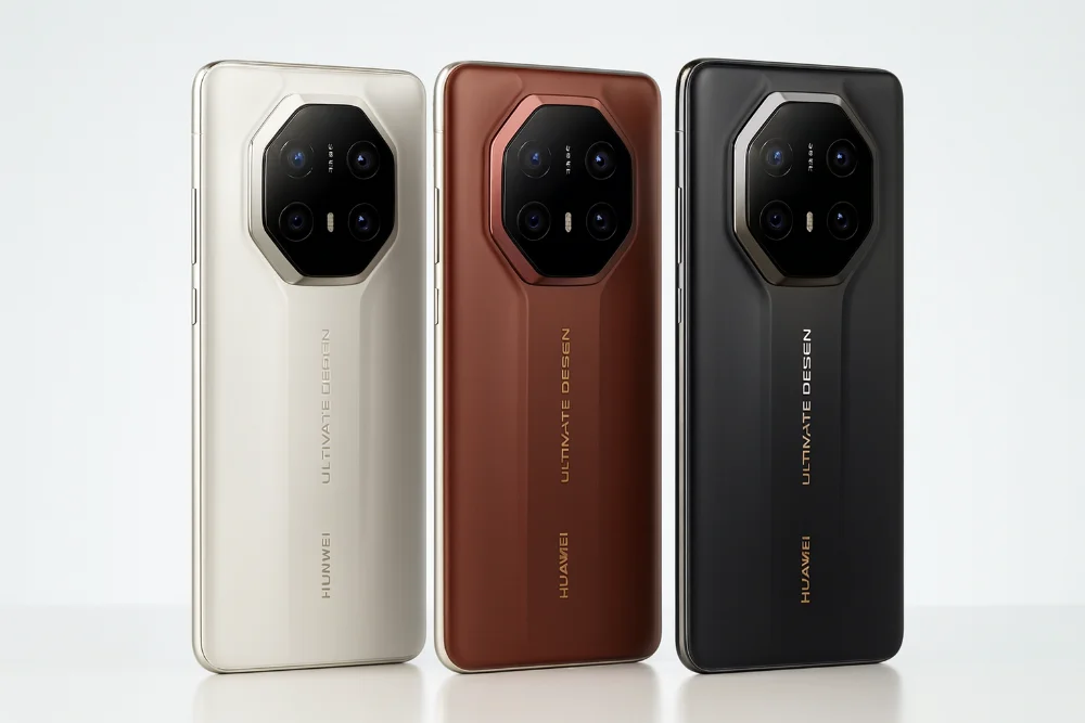 Huawei Mate 80 RS в премиальных цветах — дизайн и камера флагмана Три смартфона Huawei Mate 80 RS в белом, бордовом и черном цветах, показанные сзади с акцентом на восьмиугольный модуль камер, студийное горизонтальное фото с мягким освещением