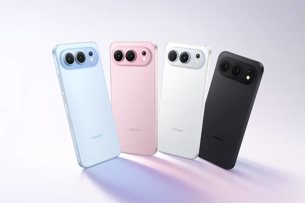 Смартфоны Honor 500 в четырёх цветах с обновленным модулем камеры Четыре смартфона Honor 500, показанные сзади в голубом, розовом, белом и чёрном цветах с двойным модулем камеры