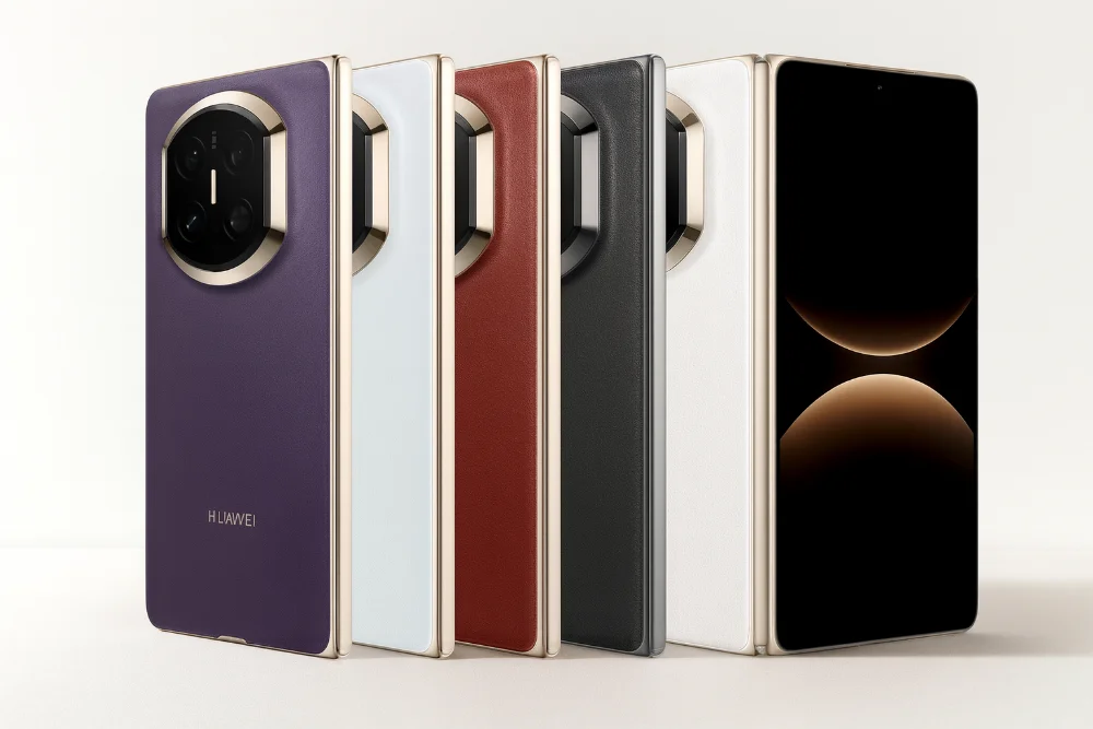 Huawei Mate X7 в разных цветах — премиальный складной смартфон Линейка смартфонов Huawei Mate X7 в пяти цветах, крупный горизонтальный кадр с четким освещением, показаны задние панели и большой складной экран